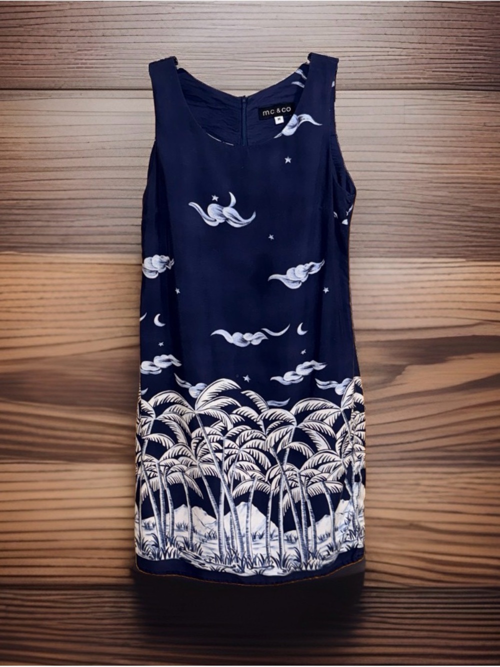 Vtg M. C. & Co. Navy Sleeveless Midi Dress with Palm & Cloud Print-M-GC